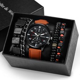 Wristwatches Male Watch Luxury Bracelet Set Fashion Business Brown Leather Quartz Wrist Watches for Men Gift Set Relogio Masculino 230113