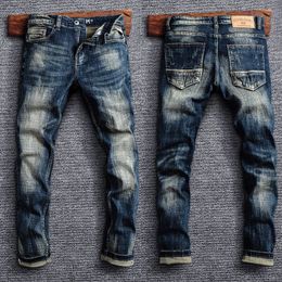Men's Jeans Italian Style Fashion Retro Black Blue Elastic Slim Fit Ripped Trousers Vintage Designer Casual Denim Pants 230113