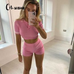 Two Piece Dress CNYISHE Streetwear Sweet Two Piece Set Women Sets Suits Fashion Short Sleeve Crop Tops Fitness Biker Shorts 2-Pieces Women T230113