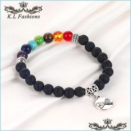 Beaded 6Mm Lava Stone Bead Bracelet For Men Women 7 Chakra Bee Heart Friendship Elephant Pendant Essential Oil Diffuser Yoga Drop De Dh3Da