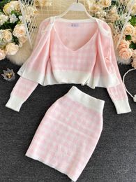 Two Piece Dress Korean Sweet Knit Plaid Cardigans Camisole Skirts 3pcs Sets Girls Short Sweater Coat Vest Mini Skirt Suits Women Outfits 230113