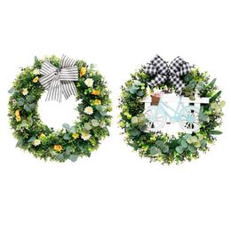 Decorative Flowers Green Leaves Wreath Artificial Bike Ornament/Flowers With Plaid Bow For Front Door Decor