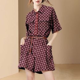 Two Piece Dress Summer New Two Piece Set Women Outfits Casual Single-Breasted Printed Shirt Tops High Waist Wide Leg Shorts Suit With Belt T230113