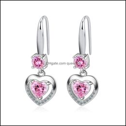 Charm S925 Stamp Sier Plated Earrings Heart Charms Blue Pink White Zircon Earring Jewellery Shiny Crystal Tassel Hoops Piercing For Wo Dhbse