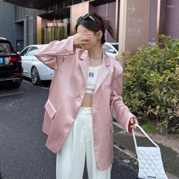 Women's Suits Satin Pink Blazer Shiny Women 2023 Summer Thin Suit Loose Silky Slip Button Top Female Streetwear