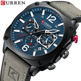 Wristwatches CURREN Mens Watch Fashion Waterproof Multifunction Chronograph Clock Leather Six Needle Calendar Quartz Watches 230113