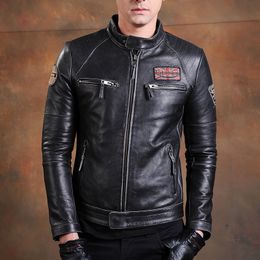 Men s Leather Faux Fashion Biker Jackets Vintage Genuine Jacket Slim 100 Natural Cowhide Coat Real Motorcycle Clothing 230112