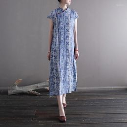 Ethnic Clothing Cotton Linen Traditional Chinese Dress Qipao Summer Cheongsam Oriental Vintage Floral Printed Sundress Vestidos 11765