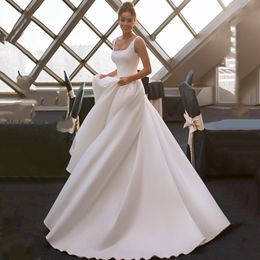 Elegant Square Neck A Line Wedding Dresses 2023 Satin Sleevesless Sexy Backless Simple Bridal Gowns For Bride