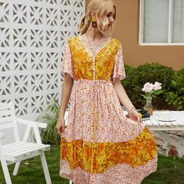 Casual Dresses Bohemian A-line Floral Dress Elegant V-neck Vestidos Empire Ladies Frocks Button Short Sleeve Maxi For Women