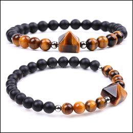 Beaded Handmade Gemstone Matte Black Onyx Bead Strand Chakra Bracelet For Men Women Healing Crystal 10Mm Pyramid Beads Bangle Jewelr Dhdhu