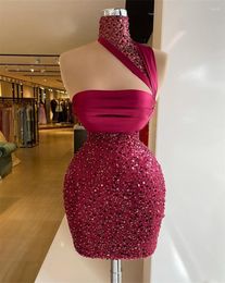 Party Dresses Sexy Wine Red Mermaid Prom High Neck Sequined Beased Lace Evening Gowns Satin Cocktail Dress