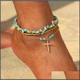Anklets Fashion Gold Beads Natural Stone Cross Drop Set For Women Girls Boho Leg Bracelet Foot Jewelry Wholesale Delivery Otg2O