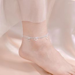 Anklets Women's Square Anklet Korean-Style Fashion All-Match 925 Silver Plated Double-Layer Small Fresh