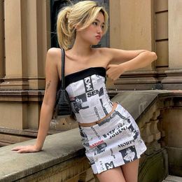 Two Piece Dress Echoine Summer News Paper Print Sexy Strapless Top and Mini Skirt Two Piece Set Party Night Club Outfits Streetwear T230113