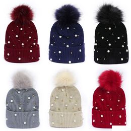 Beanie/Skull Caps Autumn Winter Women Knitted Hat Faux Pearl Beads Rivets Warm Beanie Wool Ball Knitting Hats Drop Delivery Fashion Dhfha