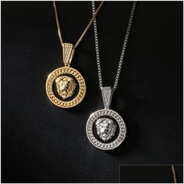 Pendant Necklaces Fashion Jewellery Drop Glaze Lion Head Necklace Zircon Inlaid Copper 18K Gold Plated Hip Hop Delivery Pendants Dhgnx