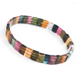 Strand Natural Colourful Tourmaline Beads Bangle Bracelet Women Men Stretch Rectangle Bead Fashion