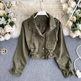 Women's Jackets 2023 Fashion Spring Autumn Jacket Solid Safari Style Turn Down Collar Full Sleeve All Match Short Coat With Pockets