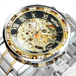 Wristwatches WINNER Transparent Skeleton Watch for Men Mechanical Wristwatches Diamond Watches Mens Luxury Stainless Steel Strap Unisex Clock 230113