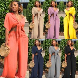 Two Piece Dress Women Sets Summer Tracksuits Fitness V-Neck Bow Tops Wide Leg Pants Suit Two Piece Set Night Outfits 2 Pcs Street GL7003 T230113