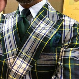 Men's Suits & Blazers Green Plaid 2 Pieces Set Male Business Wedding Groom Mens 2023 Double Breasted Jacket With Pants Slim Fit Costume Homm