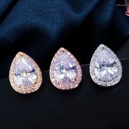 Stud Earrings CWWZircons Trendy Classic Design Pure White Cubic Zirconia Pear Drop Crystal 585 Rose Gold Plated For Women CZ156