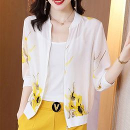 Women's Jackets White Imitation Silk Jacket 2023 Spring And Summer Fashion Baseball Uniform Printed Loose Cardigan