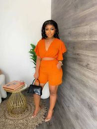Two Piece Dress Echoine Ruffle Sleeve V-neck Crop Top Shorts Two Piece Set Outfits Casual Elegant Sexy Tracksuit Party Matching Set Summer T230113
