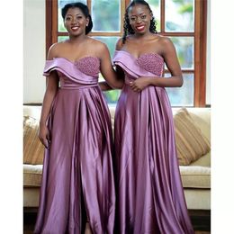 Bridesmaid Dresses Sweetheart Sleeveless Floor Length Sweep Train A-Line Pearl Beaded Silk Satin Wedding Party Bridemaid Dresses