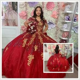 Quinceanera Ball Gown Dresses Red Lace Tulle Off Shoulder Gold Appliques Crystal Beads Floor Length Plus Size Prom Evening Gowns With Bow 403