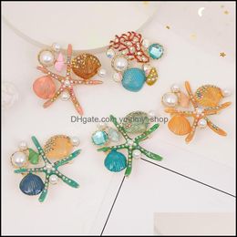 Pins Brooches Crystal Rhinestone Pearl Starfish Shell Cor Brooch Pin Clip Women Lovely Elegant Party Scarf Shawl Dress Clothes Buck Otgic