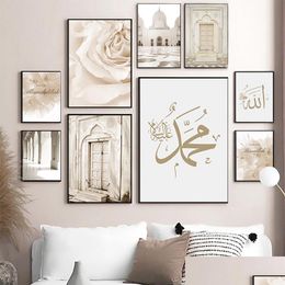 Paintings Islamic Wall Art Biding Landscape Canvas Poster Mosque Door Painting Flower Pictures Print For Living Room Ramadan Drop De Dhahe