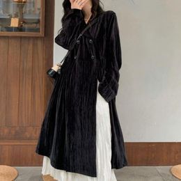 Women's Trench Coats Winter Warm Coat Women Black Velvet Long Outwear Female Korean Fashion High Street Chic Vintage Overcoat 2023