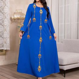 Casual Dresses Cartoons Embroidered Oversize Abaya Dress For Women Moroccan Kaftan Turkey Arabic Jalabiya Blue Islamic Ethnic Robe 2023 Eid