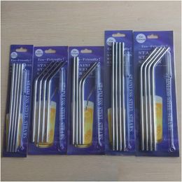 Drinking Straws 4Pcs/Pack Stainless Steel Sts Straight And Bent Reusable Philtre With Brush Diy Tea Coffee Tool Blister Package Drop Dhivk