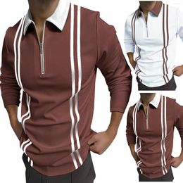 Men's Polos Men's Casual Top Shirt Splice Strip Zipper Turn-Down Collar Blouse Long Sleeve Pocket