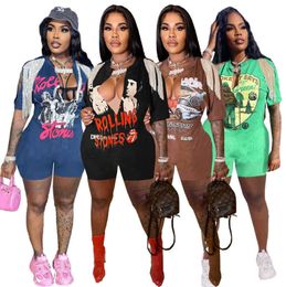 2023 Designer Summer Women Shorts Jumpsuits Playsuits Bodysuits Slim Sexy Printed Hip Hop Street Split Tassel Short Sleeve Rompers