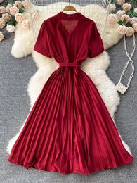 Party Dresses Summer Vintage Women Pleated Dress Red/Pink/Brown Turn-Down Collar Short Sleeve High Waist Casual Draped A-Line Vestido 2023