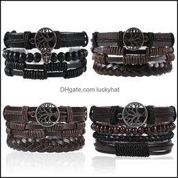 Charm Bracelets Vintage Leaf Feather Mtilayer Wood Leather Bracelet Men Fashion Braided Handmade Star Rope Wrap Bangles 4 Pcs/Set Dr Otolc