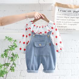 Clothing Sets Girls Denim Rompers Set Spring Autumn Fashion Cute Sweet Baby Long Sleeved Dot Shirt Pants With Bow Toddler Outfits