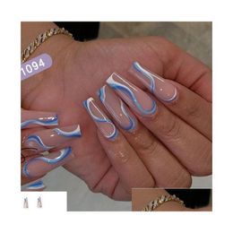 False Nails The Wave Line 24Pcs/Box Fashional Summer Fl Er Tips Christmas Design Style Long Press On Nail French Ballet Blue Diamond Dhgdx