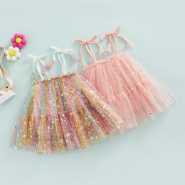 Girl Dresses Toddler Baby Princess 2023 Summer Bron Star Sequins Tie-up Spaghetti Strap Kids Girls Cute Dress Vestidos