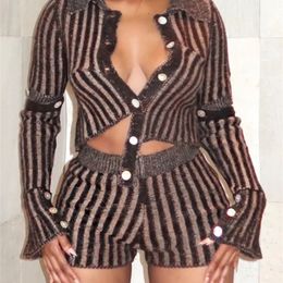 Women s Two Piece Pants Kliou Knitted Streak Set Women Solid Single Breasted Skinny Cardigan Tops Casual Stretchy Shorts Female Street Suits L230106