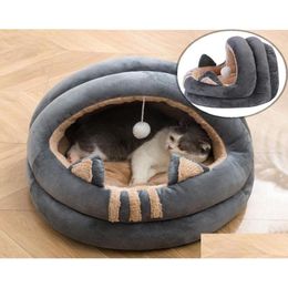 Cat Beds Furniture Pet House Dog Nest With Ball Puppy Kennel Semienclosed Warm Coral Fleece Removable Cats Cave Supplies Drop Deli Dhzlo