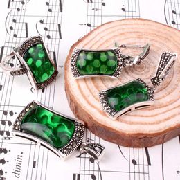 Necklace Earrings Set Natural Rectangle Green Crystal Stone Beads Earring Pendant Tibetan Silver For Woman Xmas Gift Fashion Ring 1 Pc