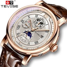 Wristwatches TEVISE Business Waterproof Mens Mechanical Watches Top Brand Luxury Leather Watch For Men Moon Phase Automatic Wristwatch 230113