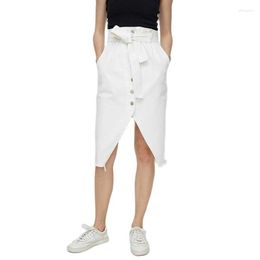 Skirts Fashion White Paper Bag Waist Denim With High Inelastic Knee-Length Straight Lrregular Split Women Skirt For Female
