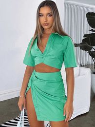 Two Piece Dress nning Fake Two Piece Mini Dress Women Fashion Turn-down Collar Single-breasted Side Slit Sexy Formal Female Outfits T230113