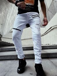Men's Jeans Men's White Stretch Denim Zippers Holes Ripped Pants Patchwork Slim Skinny Tapered Trousers